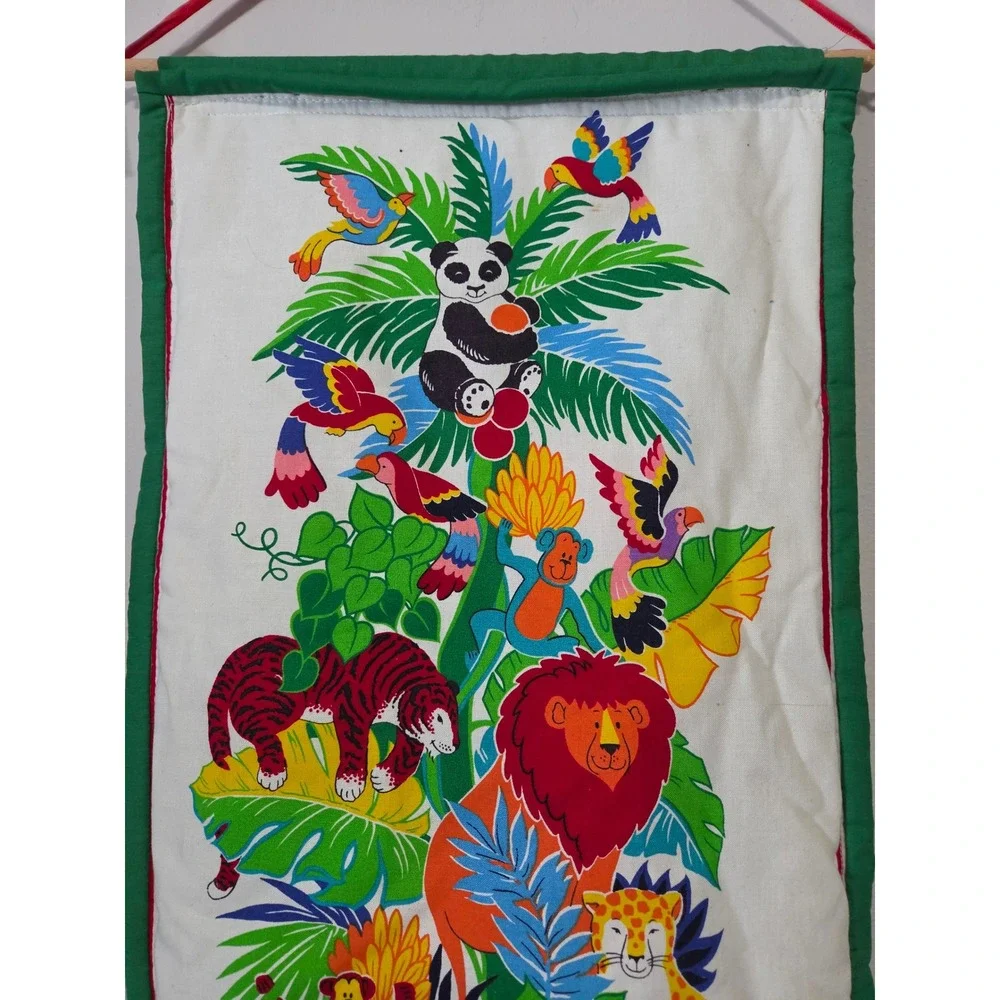 Vintage Quilted Jungle Safari Animal Wall Hanging Nursery Decor Lion Tiger 38x12